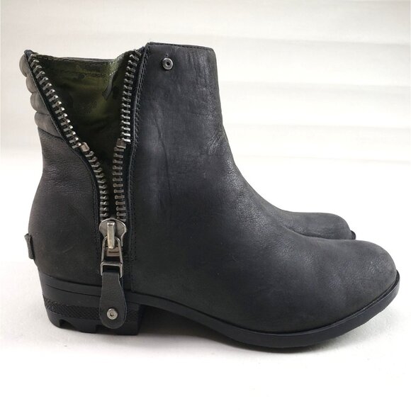 Sorel Danica Zipper Ankle Boot Womens 8.5 Black Leather Waterproof Moto Combat - Picture 1 of 11